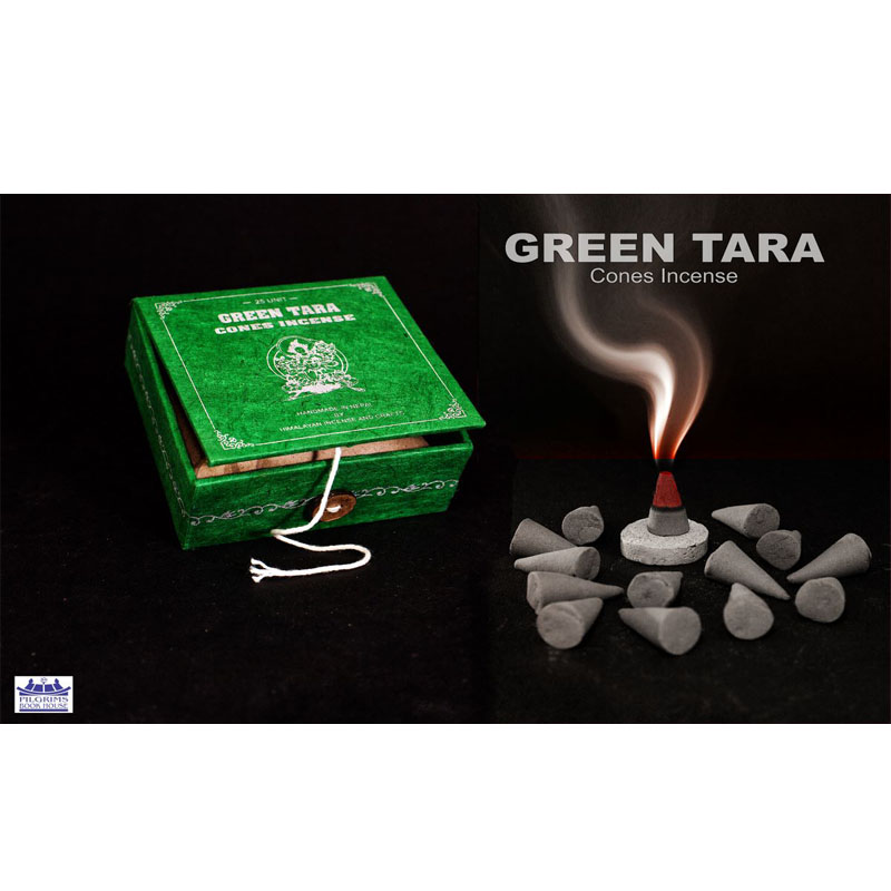 GREEN TARA CONES INCENSE 25 UNITS WITH INCENSE HOLDER IN PAPER BOX