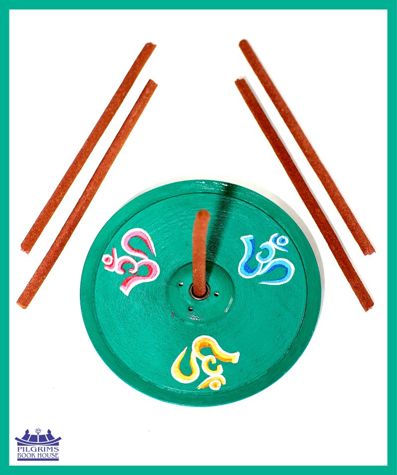 INCENSE BURNER WOODEN ROUND SHAPE WITH OM PAINTED PLATE STYLE 3.5 INCH ASSORTED COLORS
