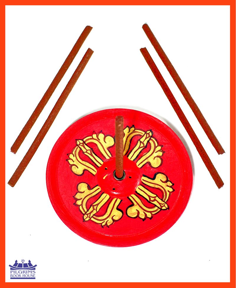 INCENSE BURNER WOODEN ROUND SHAPE WITH DOUBLE DORJE PAINTED PLATE STYLE 3.5 INCH ASSORTED COLORS