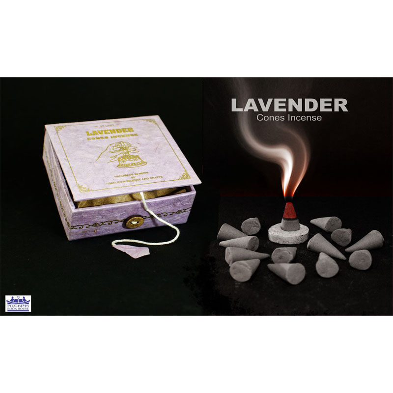 LAVENDER CONES INCENSE 25 UNITS WITH INCENSE HOLDER IN PAPER BOX WITH BUTTON LOCK