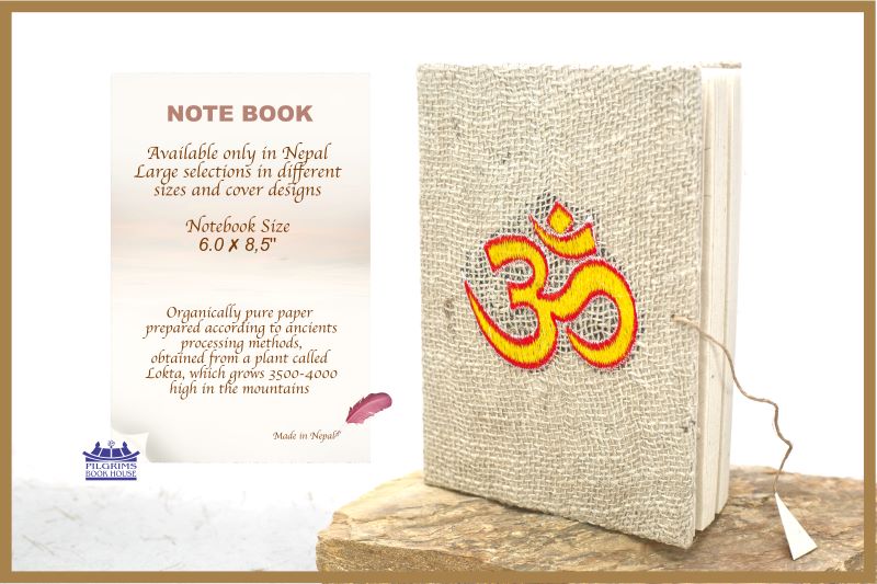 NOTEBOOK HANDMADE PAPER JUTE COVER WITH OM EMBROIDERY AND THREAD AND BUTTON LOCK BIG 15 X 21 CM