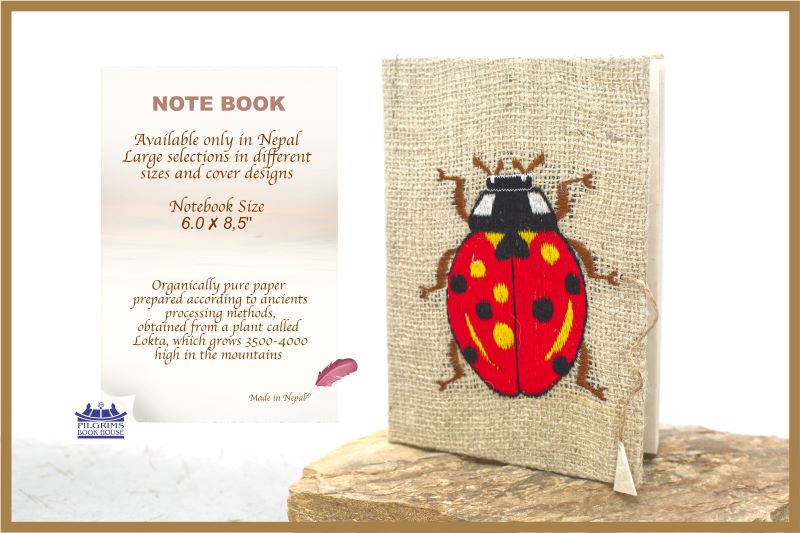 NOTEBOOK HANDMADE PAPER JUTE COVER WITH LADYBUG EMBROIDERY AND THREAD AND BUTTON LOCK BIG 15 X 21 CM