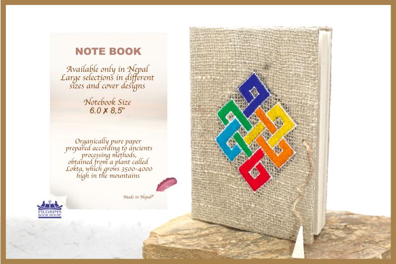 NOTEBOOK HANDMADE PAPER JUTE COVER WITH ENDLESS KNOT EMBROIDERY AND THREAD AND BUTTON LOCK BIG 15 X 21 CM