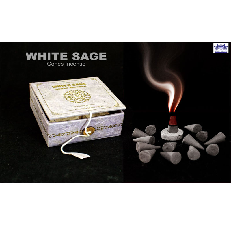 WHITE SAGE CONES INCENSE 25 UNITS WITH INCENSE HOLDER IN PAPER BOX WITH BUTTON LOCK