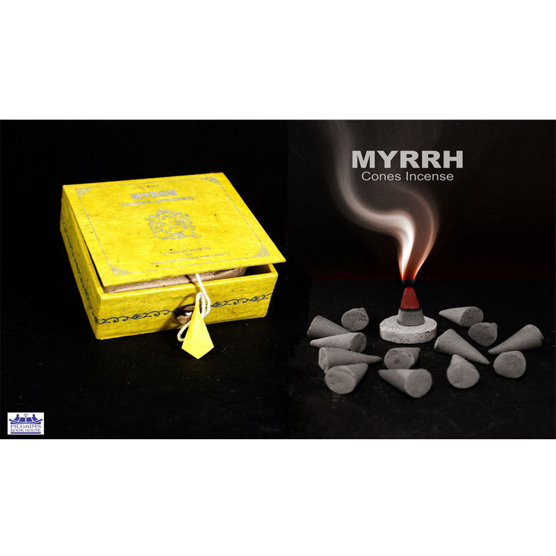 MYRRH CONES INCENSE 25 UNITS WITH INCENSE HOLDER IN PAPER BOX WITH BUTTON LOCK