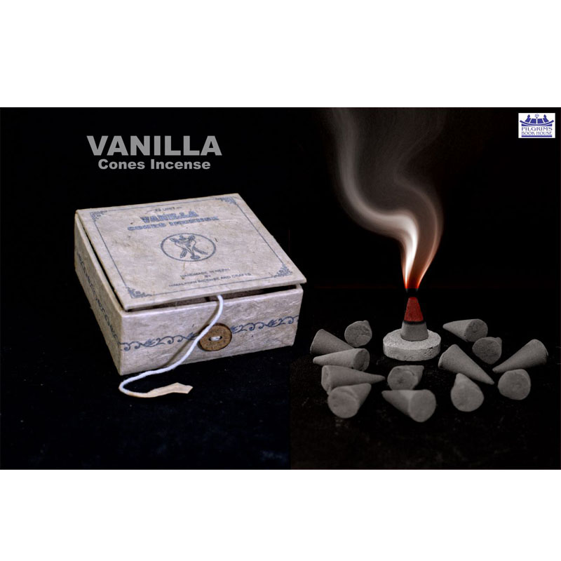 VANILLA CONES INCENSE 25 UNITS WITH INCENSE HOLDER IN PAPER BOX WITH BUTTON LOCK