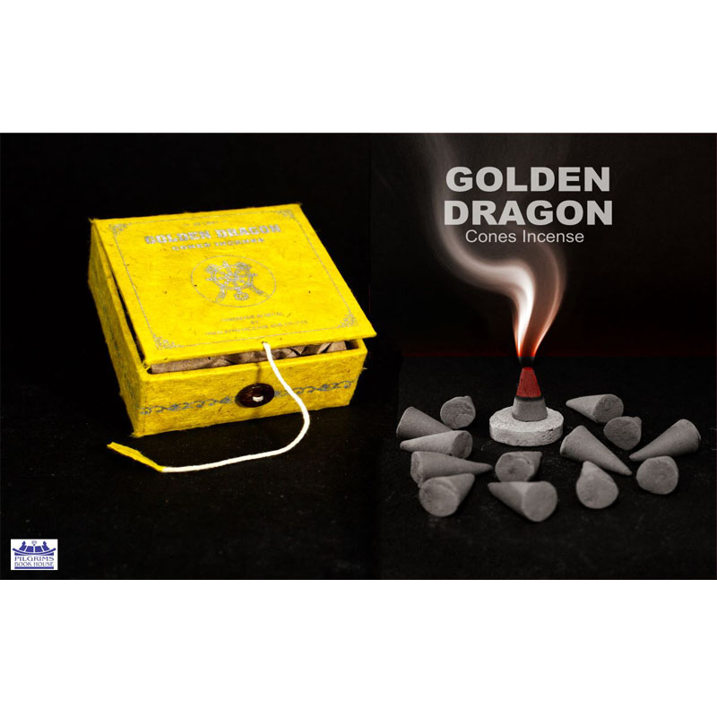 GOLDEN DRAGON CONES INCENSE 25 UNITS WITH INCENSE HOLDER IN PAPER BOX WITH BUTTON LOCK